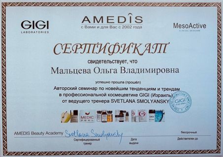 Сертификат GIGI / AMEDIS — авторский семинар по профессиональной косметике GIGI